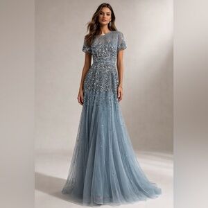 MAC DUGGAL Size 2 Slate Blue HIGH NECK SHORT SLEEVE SEQUIN EMBELLISHED DRESS